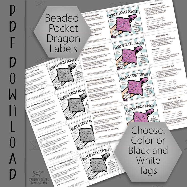 May include: A sheet of printable labels for "Beaded Pocket Dragons." The labels feature a cartoon dragon design in both color and black and white options. Text includes care instructions and product information.