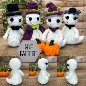 May include: Crochet pattern for five adorable ghost amigurumi toys. The ghosts are dressed in various hats and accessories, including a top hat, witch hat, and a scarf. The pattern includes instructions for making the ghosts and their accessories.  PDF PATTERN.