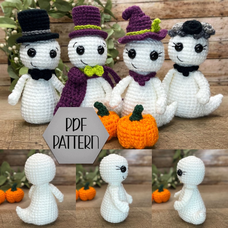 May include: Crochet pattern for five adorable ghost amigurumi toys. The ghosts are dressed in various hats and accessories, including a top hat, witch hat, and a scarf. The pattern includes instructions for making the ghosts and their accessories.  PDF PATTERN.