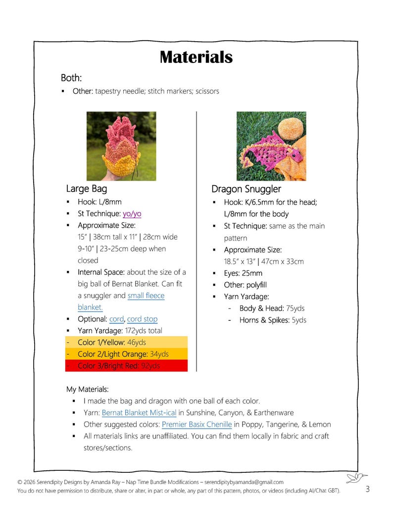 Puede incluir: Un documento titulado Materials que enumera los requisitos para un proyecto de ganchillo. Incluye una foto de un bolso con forma de drag&oacute;n amarillo, naranja y rojo y un juguete de drag&oacute;n rosa y naranja, con especificaciones detalladas.