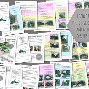 May include: A collection of printed crochet patterns for a largemouth bass, featuring detailed instructions and diagrams. The pages are white with green and pink accents, and the text "LOADED WITH PHOTOS VIDEO LINKS AND IN-DEPTH DESCRIPTIONS!" is visible.