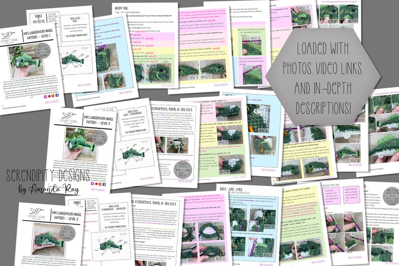 May include: A collection of printed crochet patterns for a largemouth bass, featuring detailed instructions and diagrams. The pages are white with green and pink accents, and the text "LOADED WITH PHOTOS VIDEO LINKS AND IN-DEPTH DESCRIPTIONS!" is visible.