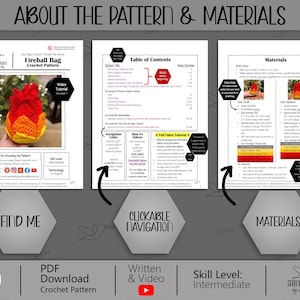 May include: A three-page digital PDF crochet pattern for a Fireball Bag, featuring a table of contents, material lists for small and medium sizes, and instructional text. The document includes a photo of a red, orange, and yellow crocheted flame.
