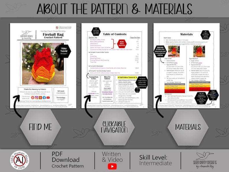 May include: A three-page digital PDF crochet pattern for a Fireball Bag, featuring a table of contents, material lists for small and medium sizes, and instructional text. The document includes a photo of a red, orange, and yellow crocheted flame.