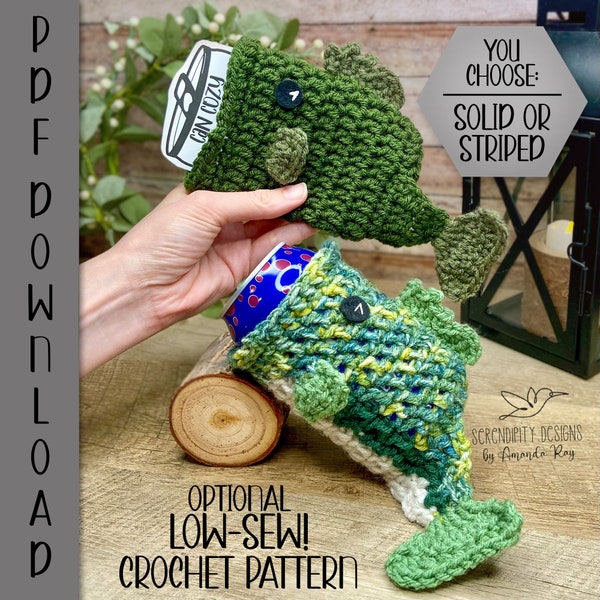 PDF Largemouth Bass Fish Can Drink Beer Cozy Skinny Can Crochet Pattern Printable Labels Tags Beginner Easy Tutorial ARSerendipityDesigns