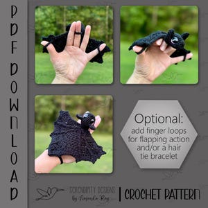Puede incluir: Murci&eacute;lago de ganchillo negro con lazos para los dedos para la acci&oacute;n de aleteo. La imagen incluye el texto "Optional: add finger loops for flapping action and/or a hair tie bracelet."