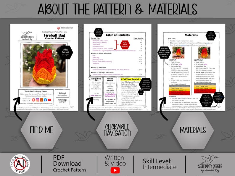 Puede incluir: Un patr&oacute;n de ganchillo digital en PDF de tres p&aacute;ginas para una bolsa Fireball, que incluye una tabla de contenidos, listas de materiales para tama&ntilde;os peque&ntilde;o y mediano, y texto instructivo. Incluye una foto de una llama tejida a ganchillo.