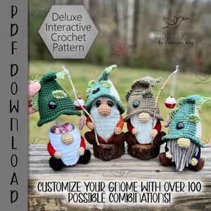 May include: Four crocheted gnomes with different hats and beards, sitting on a wooden surface. The gnomes are holding fishing rods and have a variety of accessories. The text "Customize your gnome with over 100 possible combinations!" is at the bottom of the image.