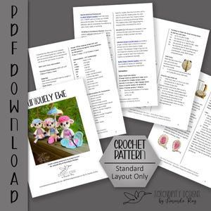 May include: A crochet pattern for a uniquely designed ewe, featuring a colorful crochet amigurumi doll with a beach umbrella and a beach bag. The pattern is titled "Uniquely Ewe" and is by "Screndipity Designs by Amanda Ray".