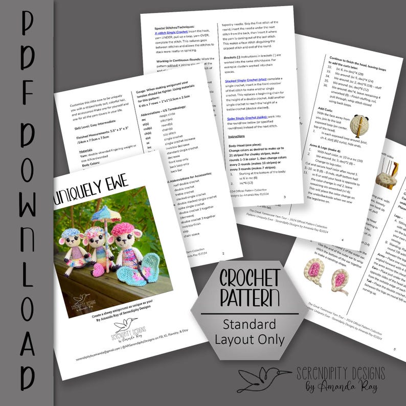 May include: A crochet pattern for a uniquely designed ewe, featuring a colorful crochet amigurumi doll with a beach umbrella and a beach bag. The pattern is titled "Uniquely Ewe" and is by "Screndipity Designs by Amanda Ray".