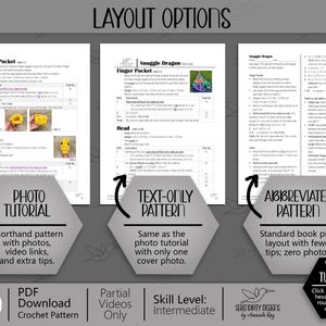 Puede incluir: Un documento de patr&oacute;n de ganchillo en PDF digital titulado Snuggle Dragon, que presenta tres opciones de dise&ntilde;o: un tutorial fotogr&aacute;fico con instrucciones paso a paso, un patr&oacute;n de solo texto y un patr&oacute;n abreviado. Incluye texto, diagramas e im&aacute;genes.