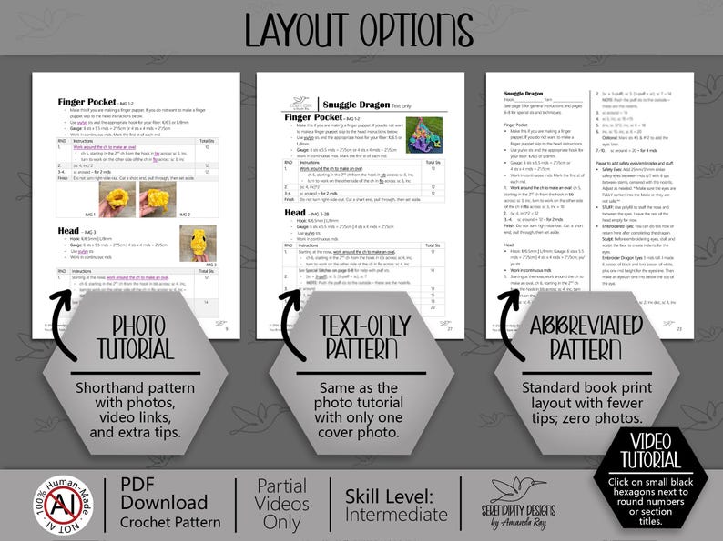 Puede incluir: Un documento de patr&oacute;n de ganchillo en PDF digital titulado Snuggle Dragon, que presenta tres opciones de dise&ntilde;o: un tutorial fotogr&aacute;fico con instrucciones paso a paso, un patr&oacute;n de solo texto y un patr&oacute;n abreviado. Incluye texto, diagramas e im&aacute;genes.