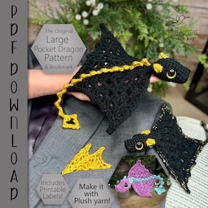 May include: Black and gold crochet dragon bookmark with a detailed design. The dragon has large wings and a long tail. The image also includes a purple and blue dragon, and the text "The Original Large Pocket Dragon Pattern & Bookmark".