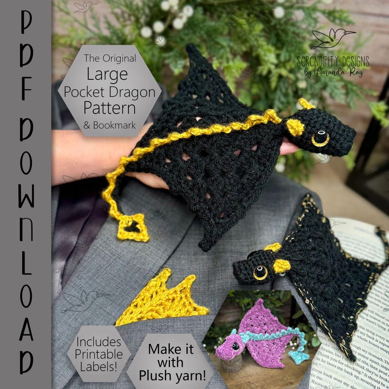 May include: Black and gold crochet dragon bookmark with a detailed design. The dragon has large wings and a long tail. The image also includes a purple and blue dragon, and the text "The Original Large Pocket Dragon Pattern & Bookmark".