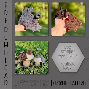 Puede incluir: Un patr&oacute;n de crochet con tres dise&ntilde;os: un murci&eacute;lago gris, un murci&eacute;lago marr&oacute;n y dos criaturas del bosque sobre bases en forma de hongo. Tambi&eacute;n se incluye el texto "Use smaller eyes for a more realistic look".