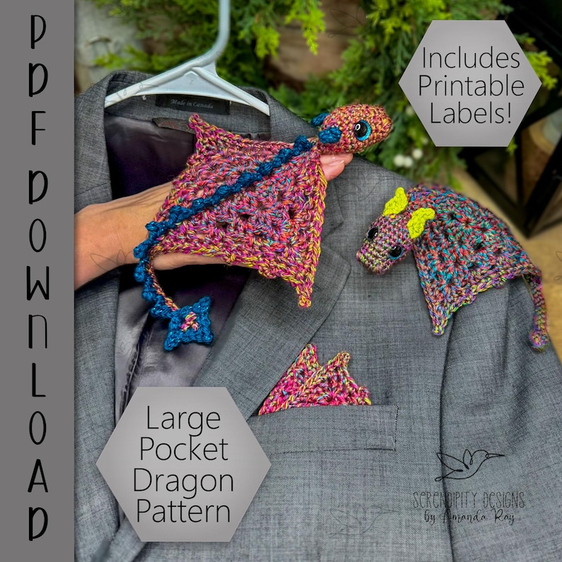 May include: A crocheted dragon pattern with a multi-colored body, blue accents, and a star-shaped charm. The dragon is displayed on a gray blazer, with a matching pocket square and a smaller dragon. The image includes the text "Large Pocket Dragon Pattern".