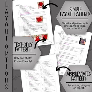 May include: A collection of crochet pattern pages with text and images. The pages are labeled with titles such as "TEXT-ONLY PATTERN" and "SIMPLE LAYOUT PATTERN". The patterns include instructions and diagrams for creating various crochet projects.