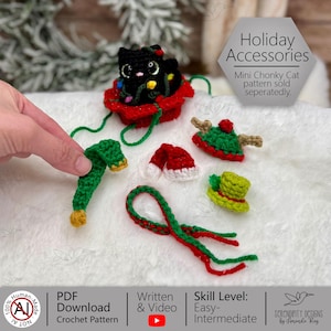 May include: A collection of handmade crochet holiday accessories, including a black cat with string lights, elf hat, Santa hat, reindeer antlers, and a green hat. The text "Holiday Accessories" is visible.
