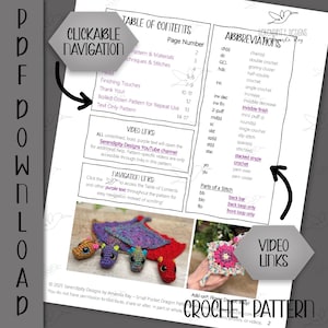 May include: A crochet pattern page with a table of contents, abbreviations, and video links. The pattern includes instructions for a small pocket dragon. The page features a dragon and flower crochet examples.