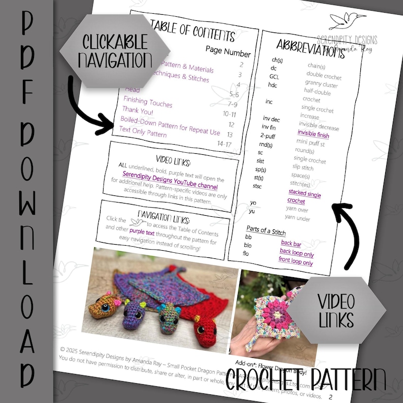 May include: A crochet pattern page with a table of contents, abbreviations, and video links. The pattern includes instructions for a small pocket dragon. The page features a dragon and flower crochet examples.