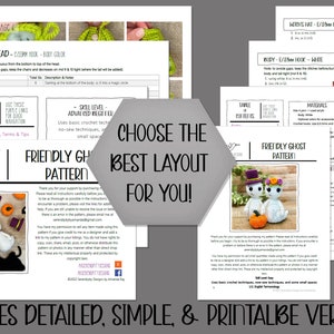 May include: A printable crochet pattern for making two friendly ghost amigurumi dolls. The pattern includes detailed instructions, a table of contents, and a skill level description. The pattern is available in multiple layouts to choose from.