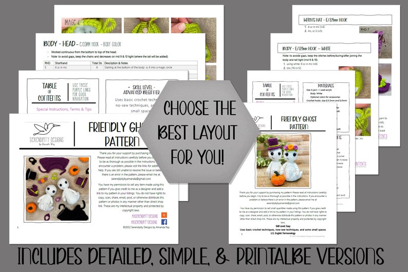 May include: A printable crochet pattern for making two friendly ghost amigurumi dolls. The pattern includes detailed instructions, a table of contents, and a skill level description. The pattern is available in multiple layouts to choose from.