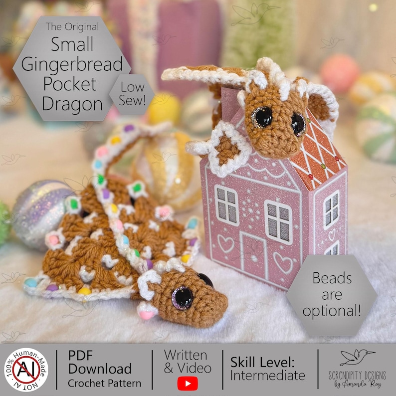 May include: A crocheted gingerbread dragon and a pink gingerbread house. The dragon is brown with white and colourful accents. The house has white trim and heart details. The image text reads "The Original Small Gingerbread Pocket Dragon" and "Low Sew!".