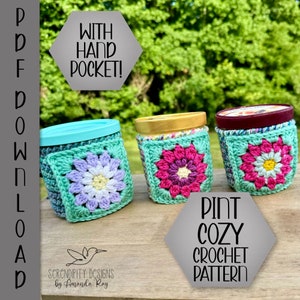 PDF Ice Cream Cup Noodle Mason Jar Cozy Granny Square Crochet Pattern Printable Labels Tags Tutorial ARSerendipityDesigns
