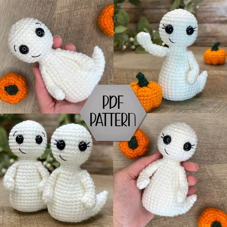 May include: A crochet pattern for making a cute ghost amigurumi. The pattern includes instructions for making a ghost with a smiling face and a white crocheted body. The pattern is available as a PDF download.