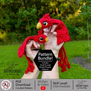 PDF + VIDEO Bundle Pocket Phoenix Family Crochet Pattern: Glider, Pocket Square, Snuggler, Bookmark, Coaster ARSerendipityDesigns