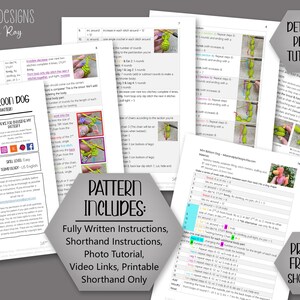 May include: A crochet pattern for a "Mini Balloon Dog" by Amanda Ray, featuring fully written and shorthand instructions, a photo tutorial, and video links. The pattern includes a colourful crocheted dog design.