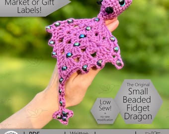 PDF + VIDEO Small Beaded Fidget Pocket Dragon Crochet Pattern: Fidget Toy, Glider, Valentines  ARSerendipityDesigns