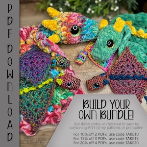 May include: A collection of colorful, crocheted dragon-themed items. The image features several dragon heads and a scarf, all in vibrant hues of pink, green, yellow, and blue. The text "BUILD YOUR OWN BUNDLE!" is also visible.