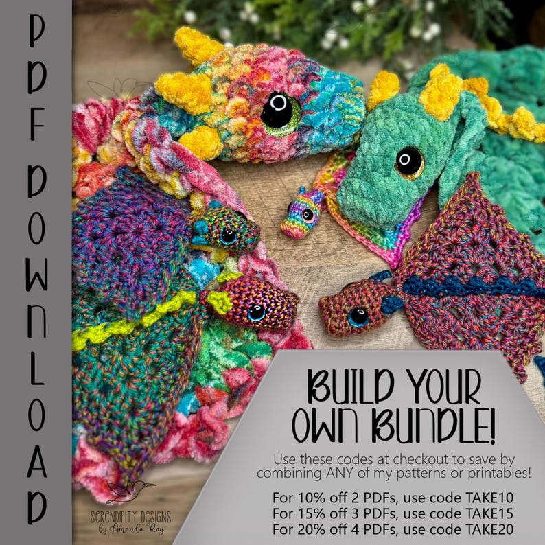 May include: A collection of colorful, crocheted dragon-themed items. The image features several dragon heads and a scarf, all in vibrant hues of pink, green, yellow, and blue. The text "BUILD YOUR OWN BUNDLE!" is also visible.