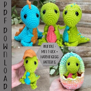 May include: A crochet pattern bundle for making a mini T-Rex and a hatching egg dinosaur. The bundle includes instructions for making a green and blue T-Rex, a green T-Rex in an egg, and a green T-Rex with a blue tail.