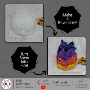 May include: A crochet pattern PDF download featuring a reversible project. One side is a solid white dome shape, while the other side displays a vibrant chevron pattern in yellow, orange, pink, purple, and blue. Text includes Make It Reversible and Turn Snow into Fire.