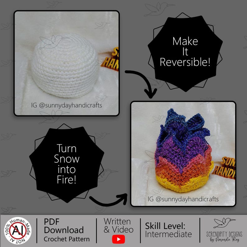 May include: A crochet pattern PDF download featuring a reversible project. One side is a solid white dome shape, while the other side displays a vibrant chevron pattern in yellow, orange, pink, purple, and blue. Text includes Make It Reversible and Turn Snow into Fire.