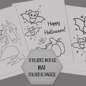 May include: Three black and white coloring pages featuring cute bats with stars and pumpkins. The text "Happy Halloween!" is on one page. The text "Includes Bonus Bat Coloring Pages!" is on a hexagon.