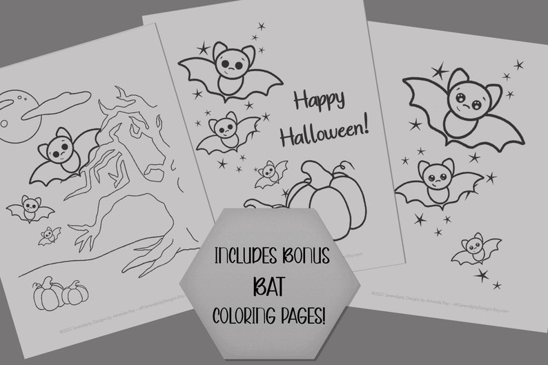May include: Three black and white coloring pages featuring cute bats with stars and pumpkins. The text "Happy Halloween!" is on one page. The text "Includes Bonus Bat Coloring Pages!" is on a hexagon.