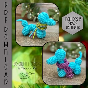 May include: Two images of a turquoise crochet dog with a scarf. One dog has a green, yellow, and purple scarf, and the other has a purple scarf. The text "INCLUDES 2 SCARF PATTERNS" is in a white hexagon. The text "SERENDIPITY DESIGNS by Amanda Ray" is also visible.