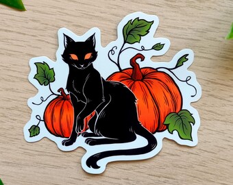 Adesivo gatto nero con zucca / Decalcomania in vinile lucido per decorazioni di Halloween o da strega