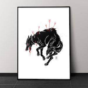 Impression d'art loup avec flèches rouges | Art mural gothique pour une décoration effrayante