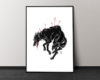 Lámina de lobo con flechas rojas / Arte de pared gótico para una decoración espeluznante
