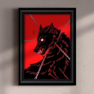 Wolf Art Print with chain collar | Dark art for goth home decor