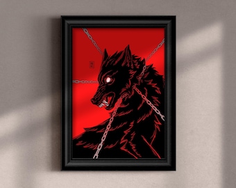 Lámina artística de lobo con collar de cadena / Arte oscuro para decoración gótica del hogar