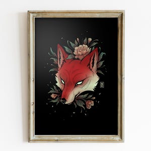 Stampa artistica di volpe con fiori / Decorazioni cottagecore scuro e accademia scura