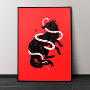 Snake and wolf art print | Spooky wall art for goth home decor