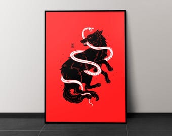 May include: A black wolf with a white snake wrapped around it. The wolf is biting the snake's tail. The image is on a red background.