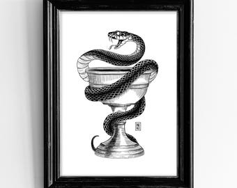 May include: A black and white illustration of a snake wrapped around a goblet. The snake's head is raised and its mouth is open. The goblet has a round bowl and a stem.