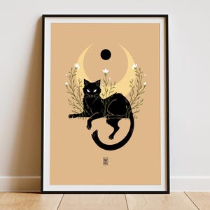 Katze Kunstdruck | Dark Academia Dekor | Dekorative botanische Illustration